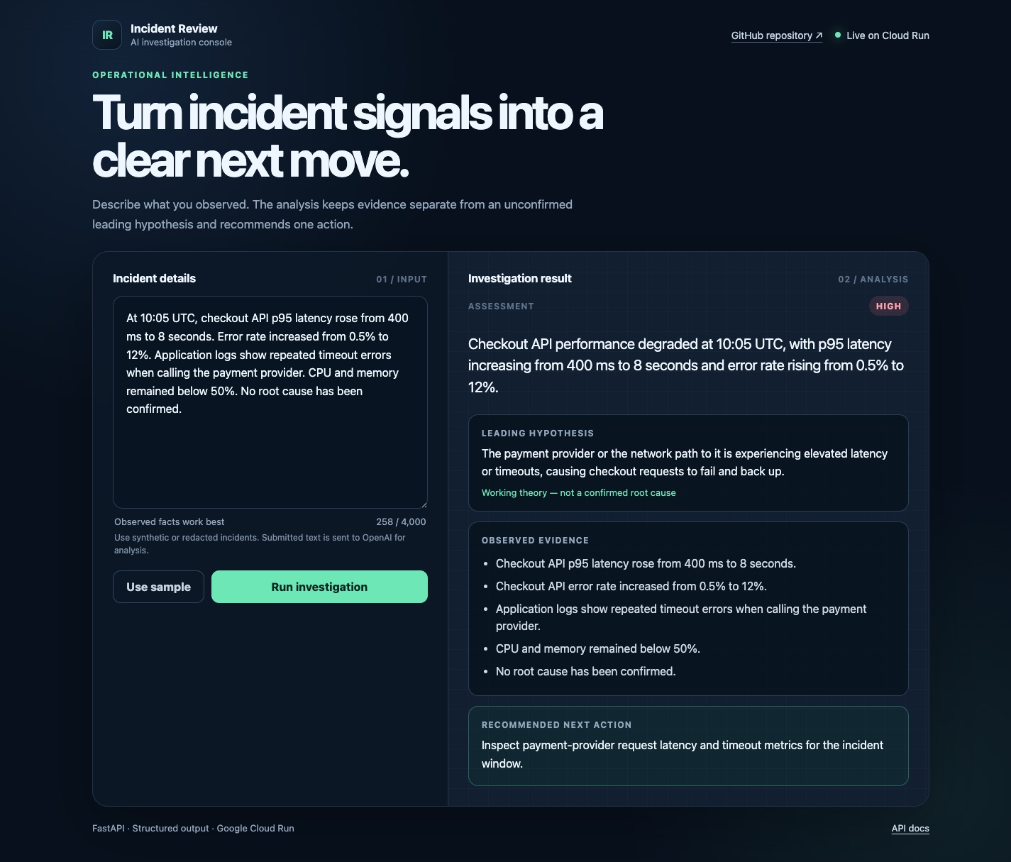 The platform showing a structured investigation result with severity, evidence and a recommended next action