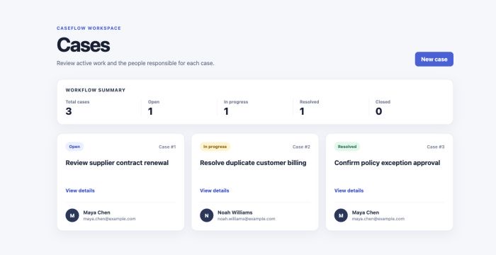 The CaseFlow case list beside its database-backed workflow summary